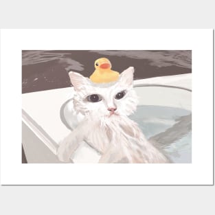 White Cat with Duck Posters and Art